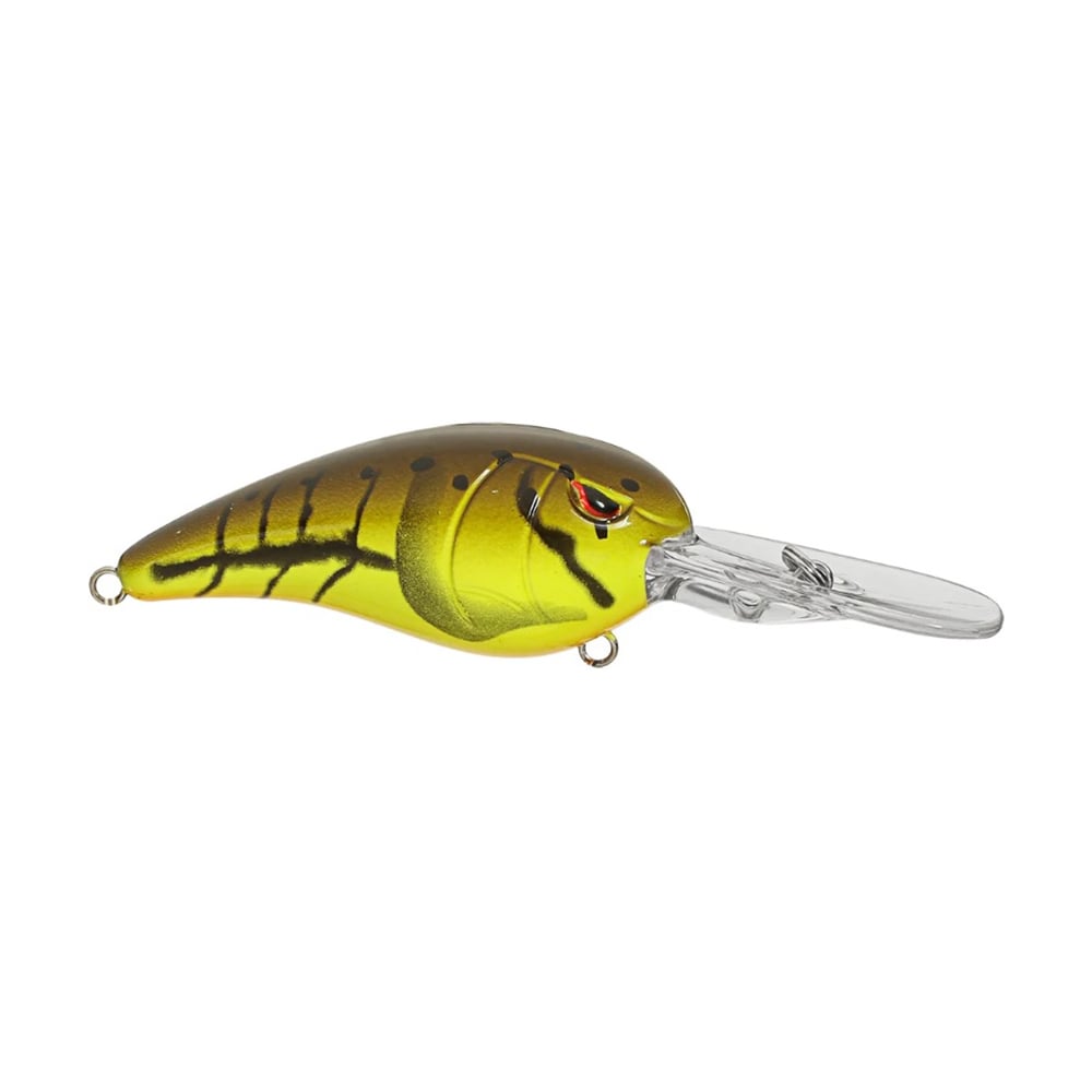 The SPRO Mike McClelland RkCrawler 55 Crankbait is a vibrant green/yellow lure with black stripes and red eyes. Featuring a translucent lip for diving, it's designed like a small fish to offer wide wobbling action, ideal for freshwater fishing adventures.