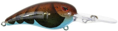 Introducing the SPRO Mike McClelland RkCrawler 55 Crankbait, featuring multicolored shades of brown, green, and blue. It comes with a clear lip, metallic hook rings, wide wobbling action, glossy finish, and a striking red eye detail.