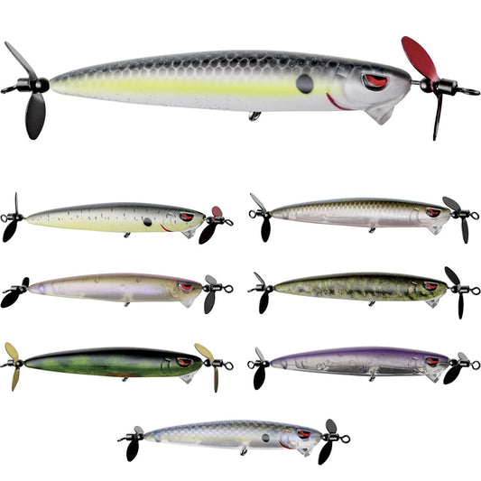 Eight fishing lures, including the SPRO Spin John 80, are displayed in two rows. Each slender lure features propellers at both ends, fitted with Gamakatsu G Finesse treble hooks, and showcases diverse colors like silver, green, purple, and brown.