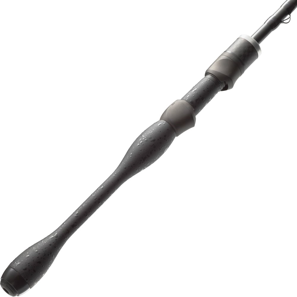 The St. Croix Legend Xtreme 6’10” Medium Light Spinning Rod by americanlegacyfishing showcases a textured gray grip and unique ergonomic design, featuring a central bulge for enhanced comfort and expertly joined sections with visible connectors.