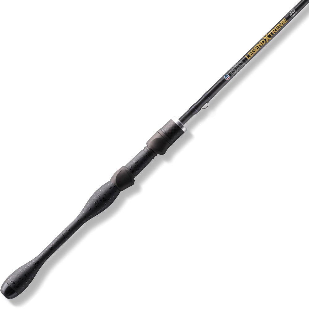 The St. Croix Legend Xtreme 6’10” Medium Light Spinning Rod (XFS610MLXF) by americanlegacyfishing showcases its sleek black design, crafted from high-modulus graphite and St. Croix Technologies, with a textured ergonomic handle for comfort and "Legend Xtreme" in yellow near the upper section.