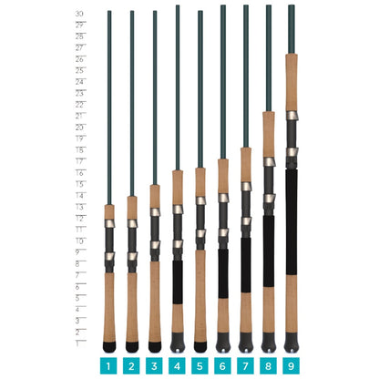 Nine fishing rods of different lengths are arranged in ascending order against a height scale on the left, featuring the St. Croix Mojo Inshore Spinning Rod 7'11" Heavy Moderate Fast from americanlegacyfishing. Each saltwater rod comes with a cork handle and unique reel designs, numbered 1 to 9 at the bottom.