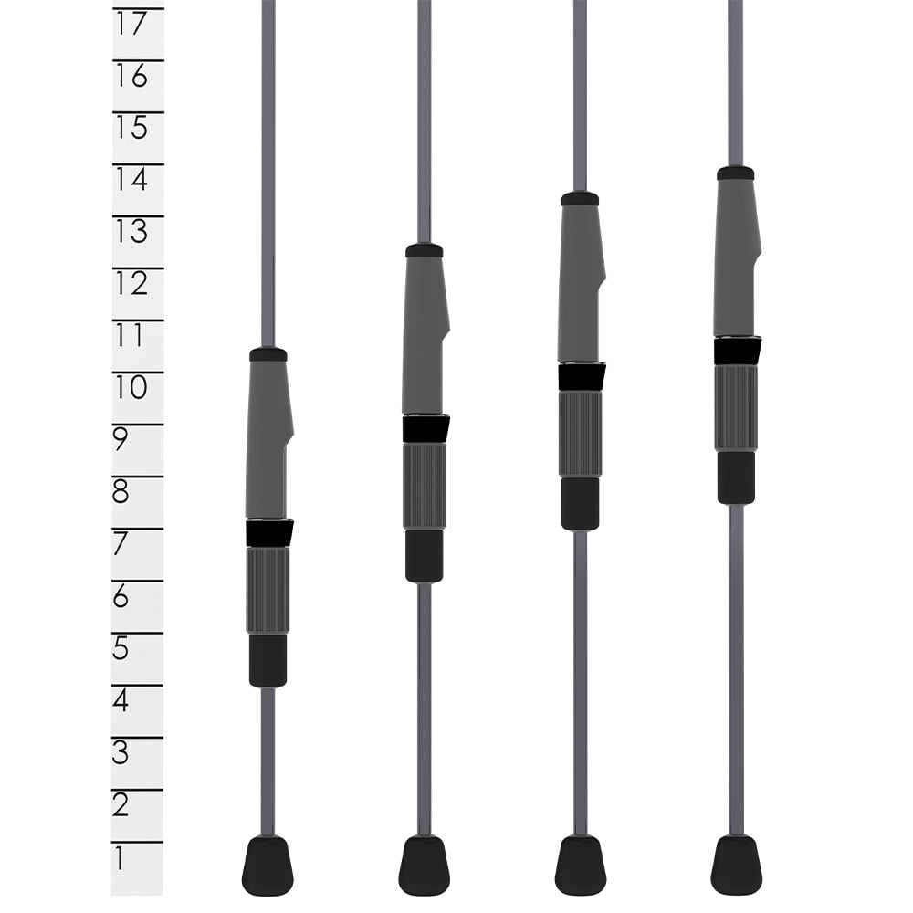 Illustration of four vertically aligned black and gray telescopic poles features a measurement scale from 1 to 17 for height markings. Each resembles the St. Croix Trout Series Spinning Rod TFS56ULF2 by americanlegacyfishing, with adjustable SCII Carbon Fiber segments, grip handles, and rubber tips.