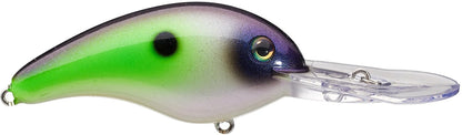 The colorful Strike King 5XD Crankbait, featuring a green, white, and purple gradient with a curved bill design and a black spot resembling an eye on the side, has a translucent plastic lip and hooks at the front and bottom for optimal performance.