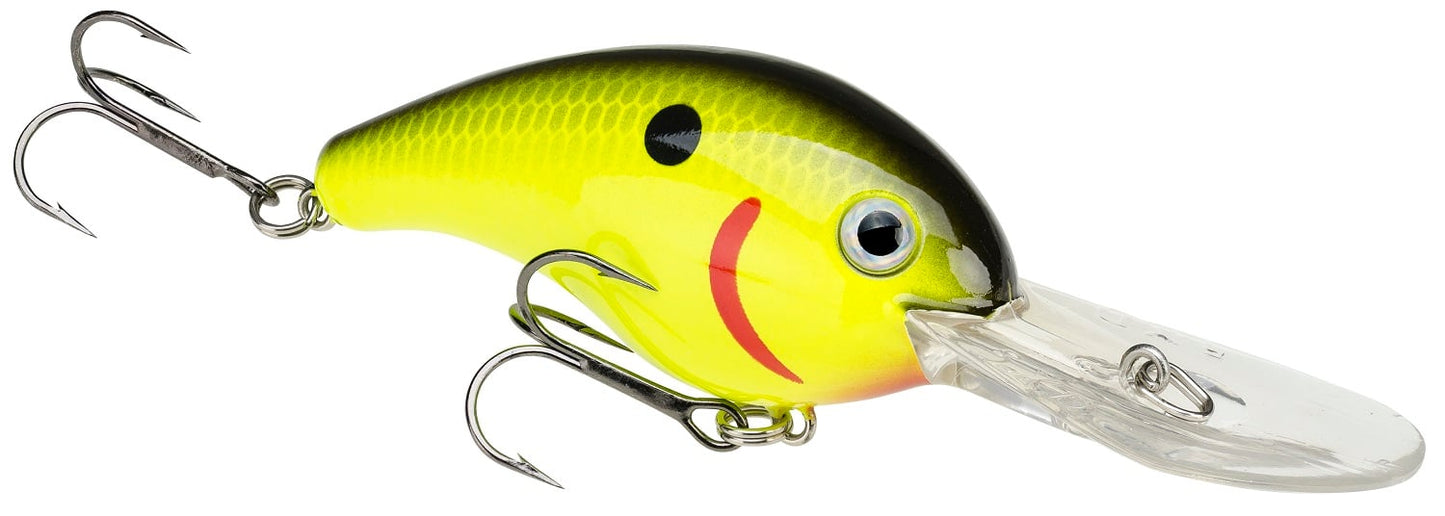 The Strike King 5XD Crankbaits features a yellow-green gradient body with a black eye dot and red gill markings. Equipped with two treble hooks and a curved, transparent lip, it's designed for deep diving.