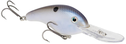 Presenting the Strike King 5XD Crankbaits: a lifelike artificial lure by Strike King, featuring an iridescent blue and silver body with a black spot near the top. It has three sharp treble hooks and a curved bill for exceptional deep diving action.