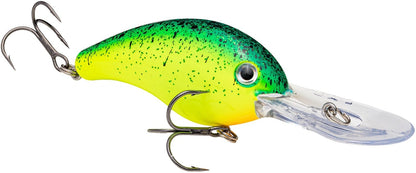 Presenting the striking Strike King 5XD Crankbaits, with a green and yellow speckled body, two treble hooks, a clear elongated plastic lip, and its unique curved bill design for perfect deep diving adventures.