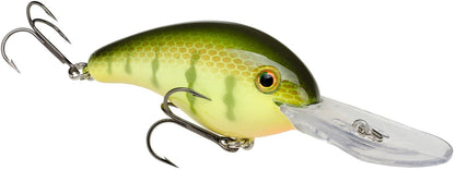 The Strike King 5XD Crankbaits by Strike King boasts a green, yellow, and black patterned body with two treble hooks and a clear, elongated lip for deep diving with its curved bill design, ideal for enticing those elusive fish.