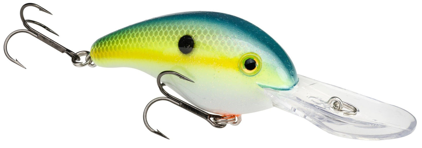 The Strike King 5XD Crankbait showcases a vibrant blue-green top gradient, a middle yellow stripe, and a white belly. It has two treble hooks, one at each end, along with a curved bill optimized for deep diving.