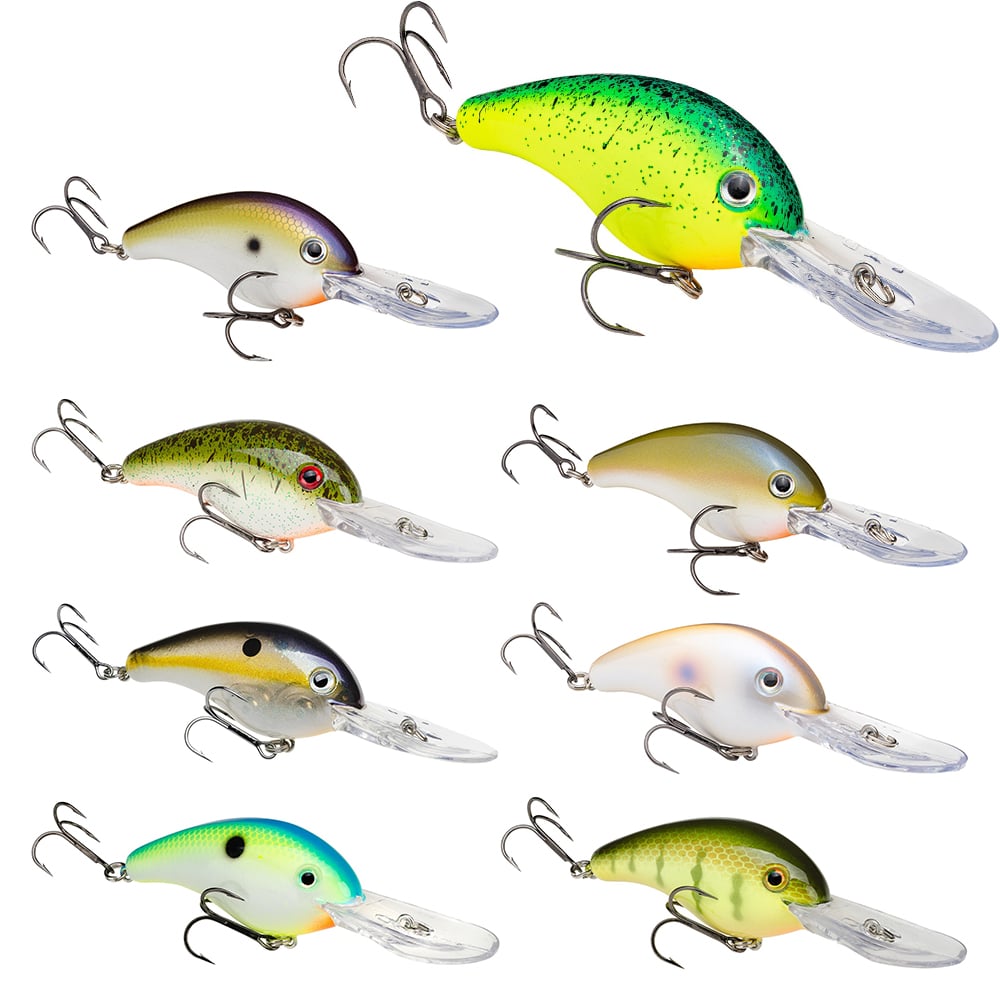 This collection of Strike King 5XD Crankbaits features eight vibrant lures with unique patterns. Modeled after the famous Strike King design, they have a curved bill for deep diving, multiple hooks, and a clear plastic lip for effective angling against a plain white background.