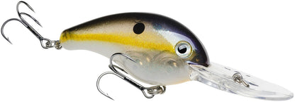 The Strike King 5XD Crankbait features a realistic fish design with a dark top, yellow stripe, white belly, and large eye. Equipped with three treble hooks and a curved bill, it's expertly designed for superior performance among deep diving crankbaits.