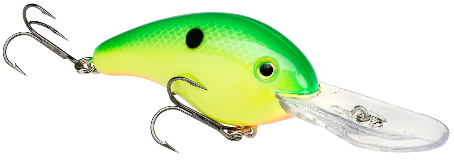 The Strike King 5XD Crankbaits features a vibrant green to yellow gradient with a black spot and shiny silver eye. Its curved bill and two treble hooks are ideal for mimicking small fish to catch larger ones.