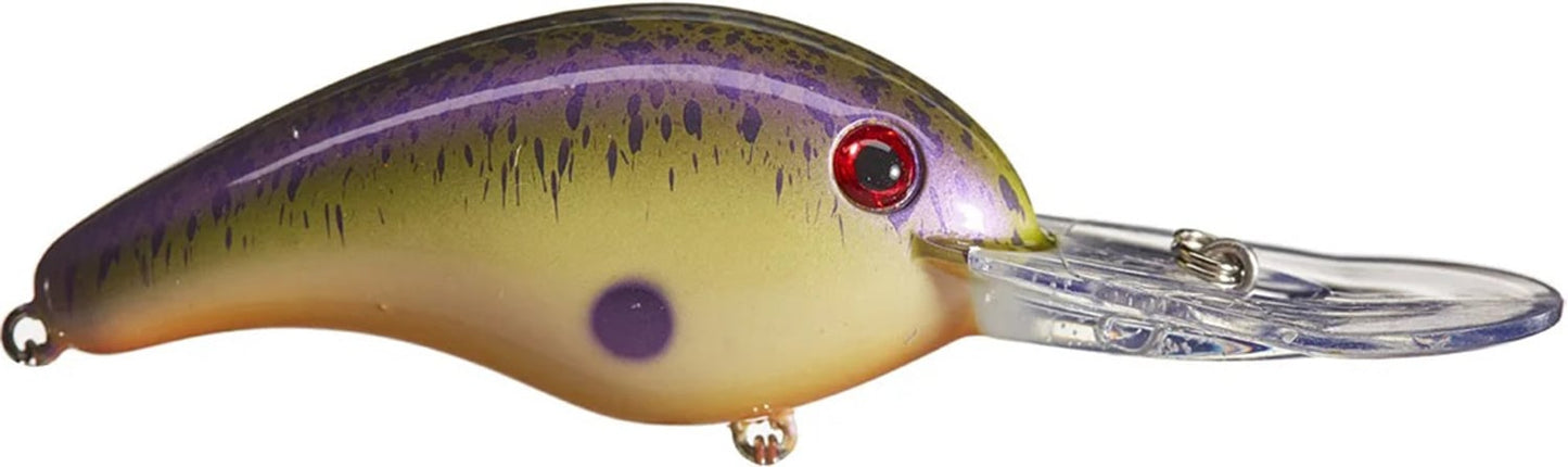 The Strike King 5XD Crankbaits fish-shaped lure features a purple and green body with a curved bill design for deep diving, a translucent front lip, red eye, single purple spot on the side, and metal rings for hook attachment.