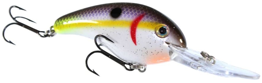 The Strike King 5XD Crankbaits feature a vibrant translucent body with a purple, yellow, and white gradient. Inspired by Strike King Crankbaits, it has a curved bill design, two sharp treble hooks, realistic eye details, and black spot accents for an enticing catch.