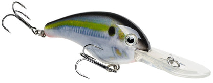 Introducing the Strike King 5XD Crankbaits, designed to resemble a small fish with a shiny, multicolored body featuring a black top, green stripe, and silver lower half. It has two treble hooks and a clear plastic lip for deep diving adventures.