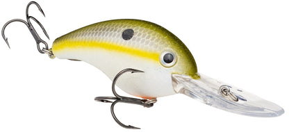 Meet the Strike King 5XD Crankbaits, a fishing lure with a green-yellow gradient body and curved bill. It features a large eye, two silver treble hooks, and a black dot for fish mimicry, making it ideal for deep diving adventures.