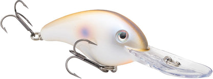 The Strike King 5XD Crankbait, a deep diving lure from Strike King, features a white and metallic finish with two treble hooks. Its clear plastic lip and curved bill mimic a small fish, effectively attracting larger catches.