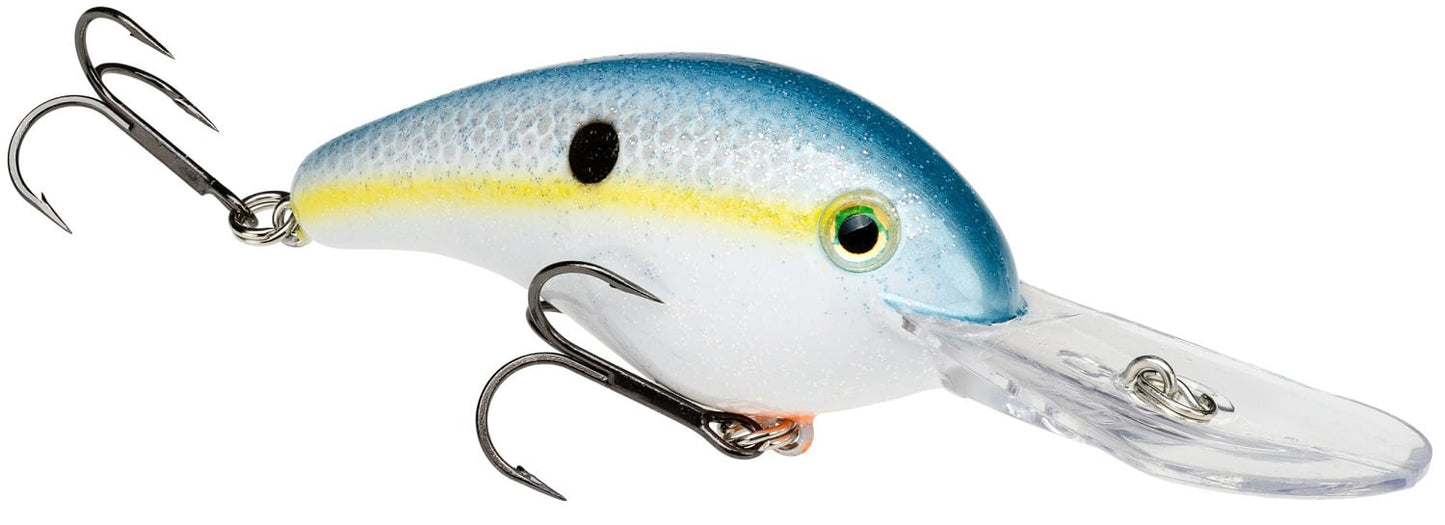 The Strike King 5XD Crankbait, from Strike King, has a blue and white body with a yellow stripe and black spot. Its clear plastic lip and curved bill design offer an enticing dive, while two treble hooks ensure secure catches.