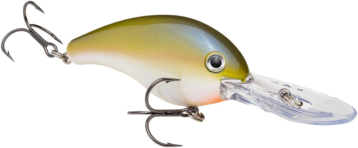 The Strike King 5XD Crankbait features a green and white body, large round eye, two treble hooks, and a transparent wide curved bill for deep diving, making it an irresistible lure for fishing adventures.