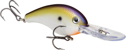 Introducing the Strike King 5XD Crankbait by Strike King, boasting a fish-like design with a curved bill. It features a purple and yellow gradient on top, shifting to white and orange underneath. Equipped with two treble hooks, it's ideal for deep diving adventures.