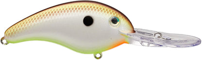 The Strike King 5XD Crankbaits feature a fish-shaped body with a translucent lip and curved bill for deep diving, and its brown, white, and green gradient with a black spot near the eye perfectly mimics a small fish.