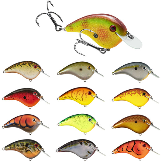 This vibrant collection includes eleven unique Strike King Chick Magnet Flatside Crankbaits, featuring bright colors like yellow, orange, green, and brown. Each crankbait is a design masterpiece equipped with small metal hooks.