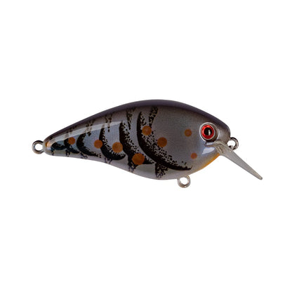 The Strike King KVD 1.5 Hard Knock Squarebill Crankbait showcases a gray body adorned with black patterns and vibrant orange spots. Its red eye and transparent lip enhance its ability to mimic a small fish or aquatic creature, making it an excellent choice for those inspired by Kevin VanDam's legendary angling expertise.