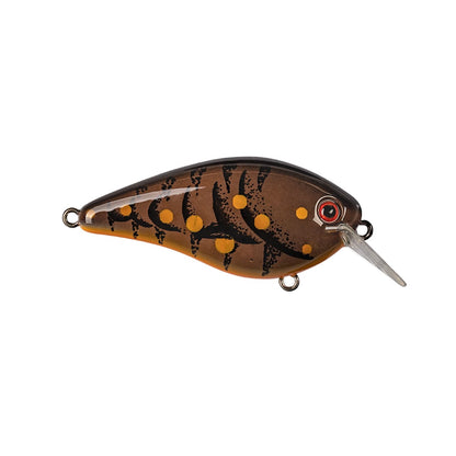 The Strike King KVD 1.5 Hard Knock Squarebill Crankbait showcases a striking brown and orange design with black stripes and spots, accented by a red eye detail. Designed in the shape of a small fish or insect, it features Squarebill Crankbait craftsmanship and includes a silver hook attachment on the bottom for enhanced performance.