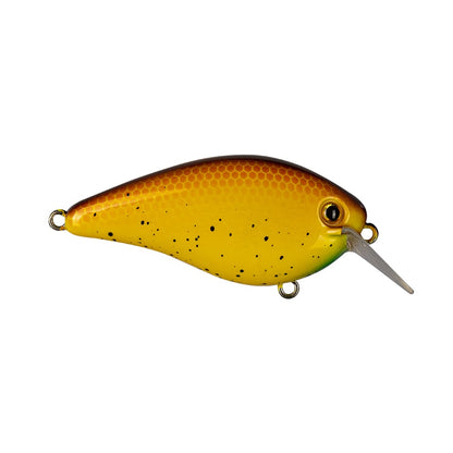 The Strike King KVD 1.5 Hard Knock Squarebill Crankbait, featuring a yellow and brown design with black speckles and a gray lip, is expertly crafted for diving. As part of the KVD Crankbaits series endorsed by Kevin VanDam, this lure combines precision engineering with proven effectiveness for anglers.