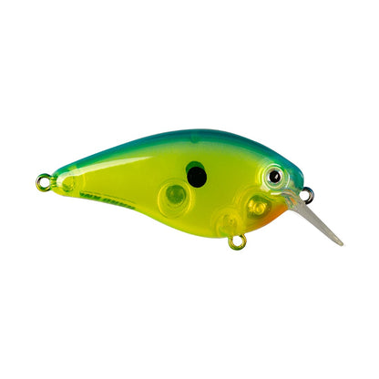 The Strike King KVD 1.5 Hard Knock Squarebill Crankbait is a vibrant fishing lure from the renowned brand Strike King. It sports a green top, yellow body, and a small black dot and includes a clear diving lip along with three eyelets for attachment, making it an excellent option for anglers pursuing the precision offered by squarebill crankbaits.