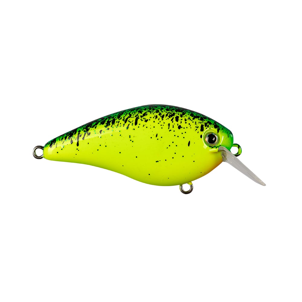 The Strike King KVD 1.5 Hard Knock Squarebill Crankbait is a vivid yellow-green lure with black speckles and a silver bill, crafted with insights from Kevin VanDam. It features a sleek, oval-shaped body and attachment loops on both ends, ideal for anglers seeking precision in squarebill crankbait action.