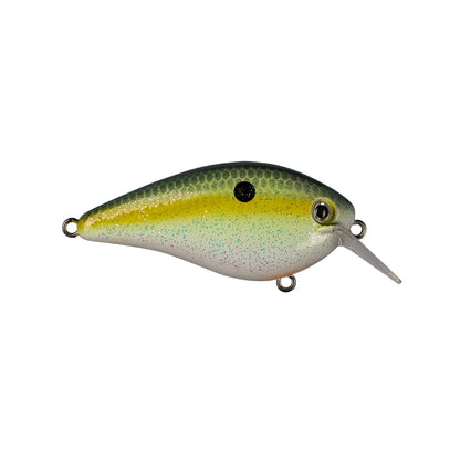 The Strike King KVD 1.5 Hard Knock Squarebill Crankbait, a product of Strike King, is designed to mimic a fish with its realistic shape. It showcases a vibrant gradient of green and yellow along its top, transitioning to white underneath and adorned with small speckles. The design includes a small black dot near the head and features Kevin VanDam's signature clear protruding lip for effective diving action.