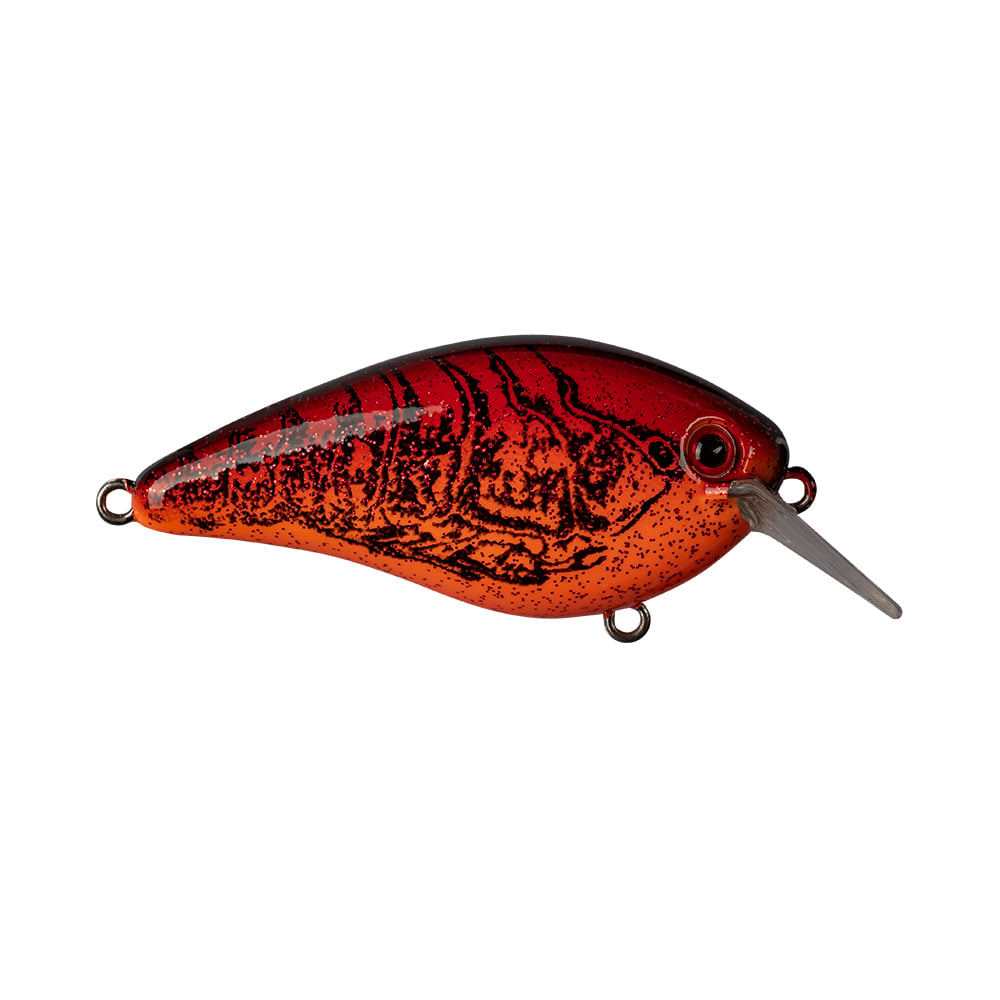 The Strike King KVD 1.5 Hard Knock Squarebill Crankbait is crafted to mimic a small fish, showcasing a bright red and orange color palette with black speckles. It features a sleek body design and a metallic bill for diving, making it perfect for anglers. This lure also includes two metal loops for attaching hooks or lines.