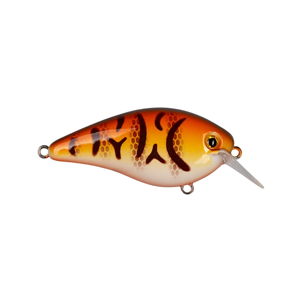 Discover the striking Strike King KVD 1.5 Hard Knock Squarebill Crankbait, designed with a fish-like shape and an eye-catching orange-yellow gradient. Its shiny surface is accented by dark brown patterns. This lure features a silver metal hook and a clear plastic fin, making it an ideal choice for any angler influenced by Kevin VanDam's expertise.