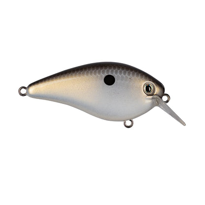 Shaped like a small fish, the Strike King KVD 1.5 Hard Knock Squarebill Crankbait by Strike King boasts a metallic silver body with a distinctive black dot near the center and features a clear plastic lip for diving. Equipped with two attachment loops on its top and bottom, it's perfect for anglers seeking versatility.