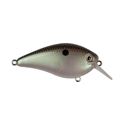 The Strike King KVD 1.5 Hard Knock Squarebill Crankbait is similar to a classic Squarebill Crankbait, featuring a metallic finish that imitates a small fish. It has a sleek gray body with a black spot near its eye and includes a transparent lip at the front for diving action—ideal for any Kevin VanDam enthusiast looking for premium KVD Crankbaits from Strike King.