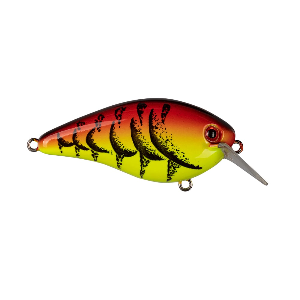 The Strike King KVD 1.5 Hard Knock Squarebill Crankbait showcases a striking yellow and red gradient body, highlighted by black vertical stripes, and is completed with a silver hook-like feature on one end, drawing inspiration from Kevin VanDam's designs.