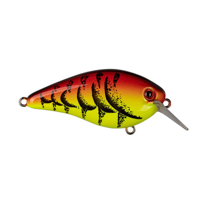 The Strike King KVD 1.5 Hard Knock Squarebill Crankbait showcases a striking yellow and red gradient body, highlighted by black vertical stripes, and is completed with a silver hook-like feature on one end, drawing inspiration from Kevin VanDam's designs.