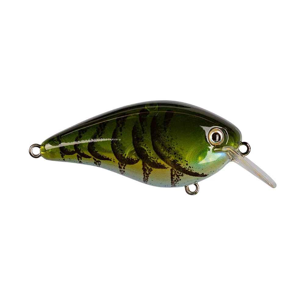 The Strike King KVD 1.5 Hard Knock Squarebill Crankbait showcases a striking green and yellow design accented by black stripes and a small, clear plastic lip. Crafted to resemble a small fish, it features intricate textures and metallic eyes, along with two metal loops for attaching fishing line and hooks.