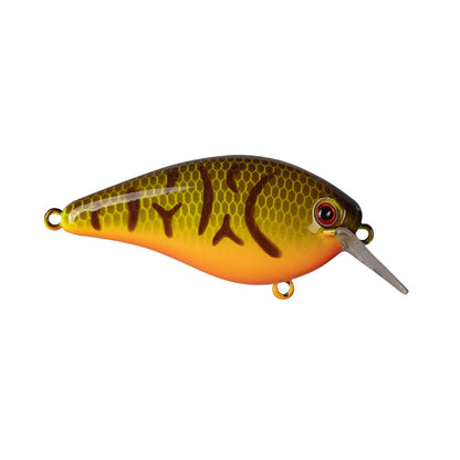 The Strike King KVD 1.5 Hard Knock Squarebill Crankbait, from the Strike King brand, boasts a vibrant design with a fish-like shape and an orange and yellow belly. It features a green and brown patterned top with red eyes and is equipped with a small metal lip, making it incredibly appealing. The attachment points at both ends enhance its versatility.