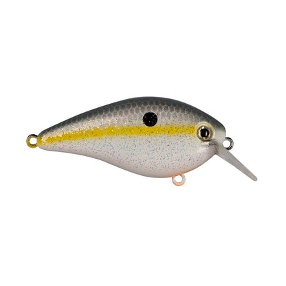 The Strike King KVD 1.5 Hard Knock Squarebill Crankbait, from the brand Strike King, is designed like a small fish with a silver body and a yellow stripe, accented with speckled details. It features a large eye and has a clear plastic lip for diving, along with attachment loops at the top and bottom.