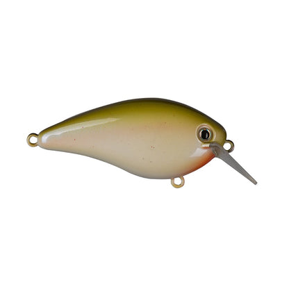 Introducing the Strike King KVD 1.5 Hard Knock Squarebill Crankbait: A fishing lure by Strike King with an olive green top, cream-colored body, and silver underside. It features a small black eye and a metal lip for diving. Perfectly designed for precision, this lure reflects the expertise of angling legend Kevin VanDam.