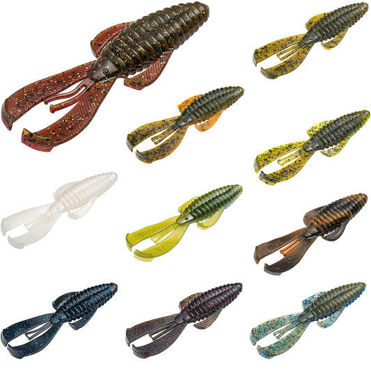 The Strike King Midsize Rage Bug, a vibrant collection of fishing lures by Strike King, comes in shades like red, green, and blue. Made from soft plastic with segmented bodies and multiple legs, these versatile baits mimic crawfish or insects against a plain white backdrop.