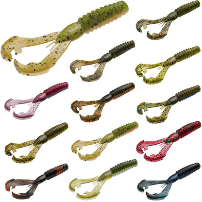 A set of Strike King Rage Ned Craw lures by Strike King, designed from soft plastic to resemble crawfish, available in shades of green, brown, red, and black. Each Rage Tail features a ribbed body with claw-like tips, attractively showcased on a plain white background.