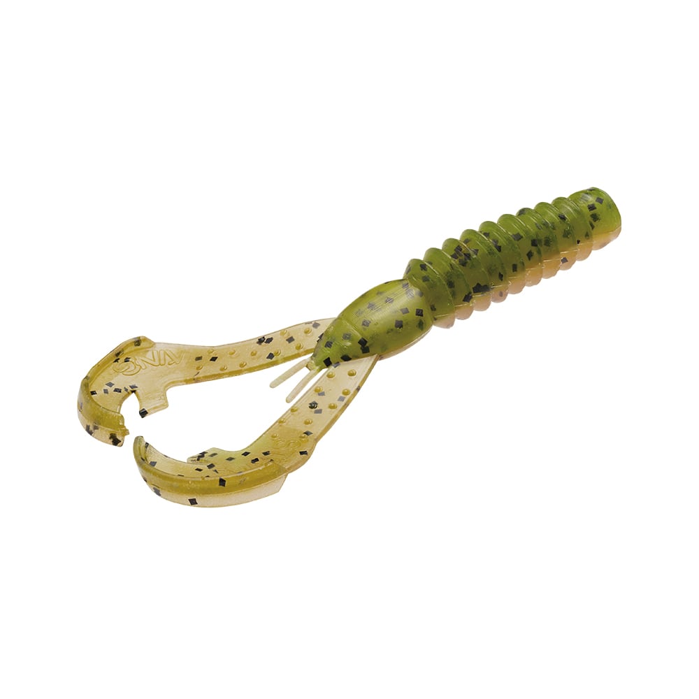 The Strike King Rage Ned Craw from the brand Strike King is a green and black speckled soft plastic bait, expertly crafted in the shape of a grub with two claw-like appendages.