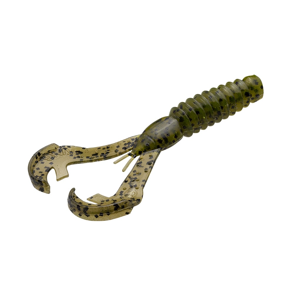 The Strike King Rage Ned Craw is a soft plastic fishing lure designed to resemble a crayfish, featuring a segmented body and two large, claw-like appendages. It comes in green with black speckles for enhanced detail and realism.