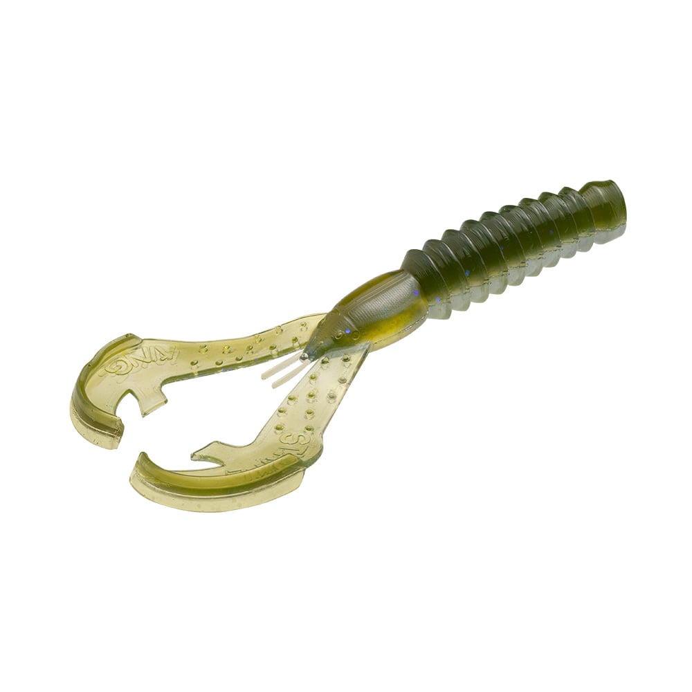 The Strike King Rage Ned Craw, by Strike King, is a lifelike soft plastic bait in a green hue designed to resemble a crawfish. It features a ribbed body and two claw-like appendages, making it highly effective for bass fishing. The unique Rage Tail design enhances its realistic motion, shown against a crisp white background.