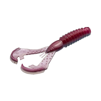 The Strike King Rage Ned Craw, from the brand Strike King, is a purple soft plastic lure characterized by its ribbed body and two claw-like appendages adorned with dots to imitate crayfish or shrimp. It is specifically crafted to lure fish using its distinctive Rage Tail action.