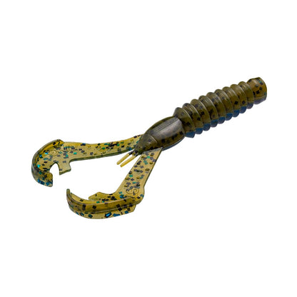 The Strike King Rage Ned Craw, from the brand Strike King, is a soft plastic bait that has a green and blue speckled design, complete with two claw-like appendages and a ribbed body.