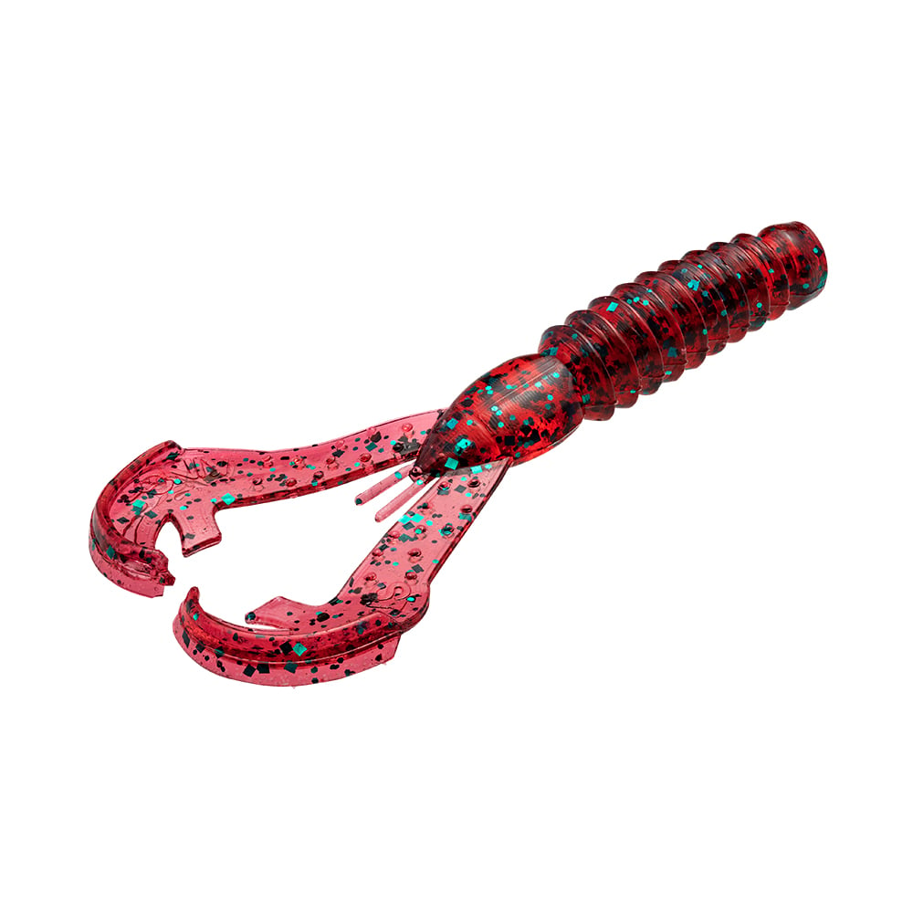 The Strike King Rage Ned Craw, a soft plastic fishing lure from Strike King, comes in red and is ribbed with black specks throughout. It features two claw-like extensions and incorporates the innovative Rage Tail design for irresistible action.